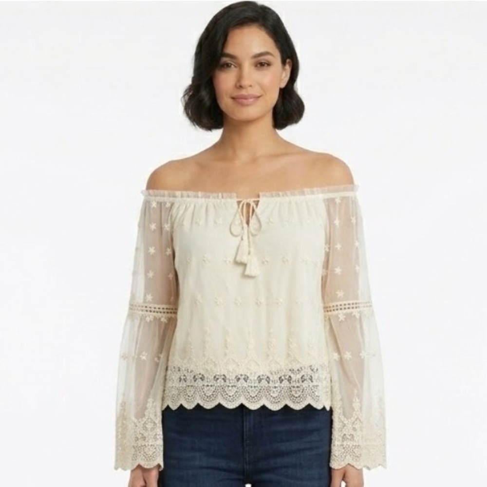 American Rag Cie Lace Top Womens Medium Cream Scalloped Hem Boho Coquette